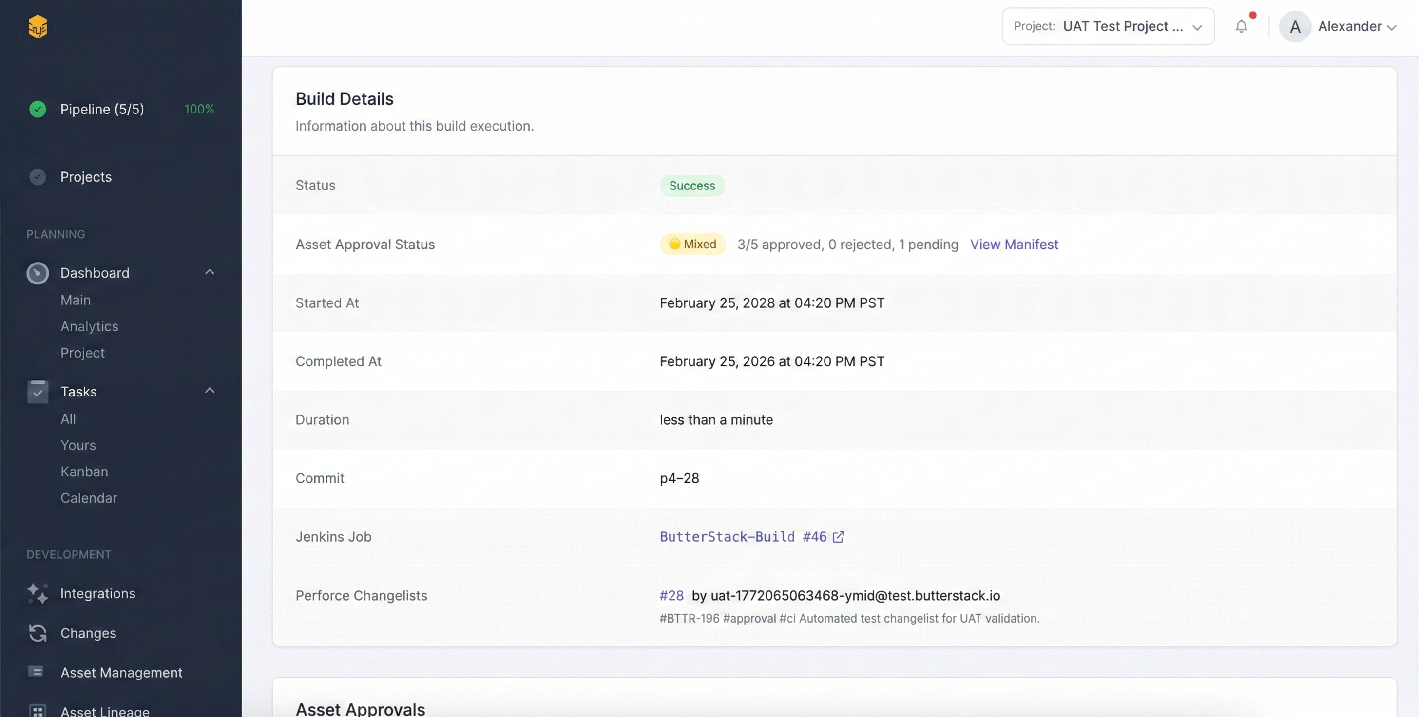 ButterStack build details showing Jenkins job, Perforce changelist, and asset approval status