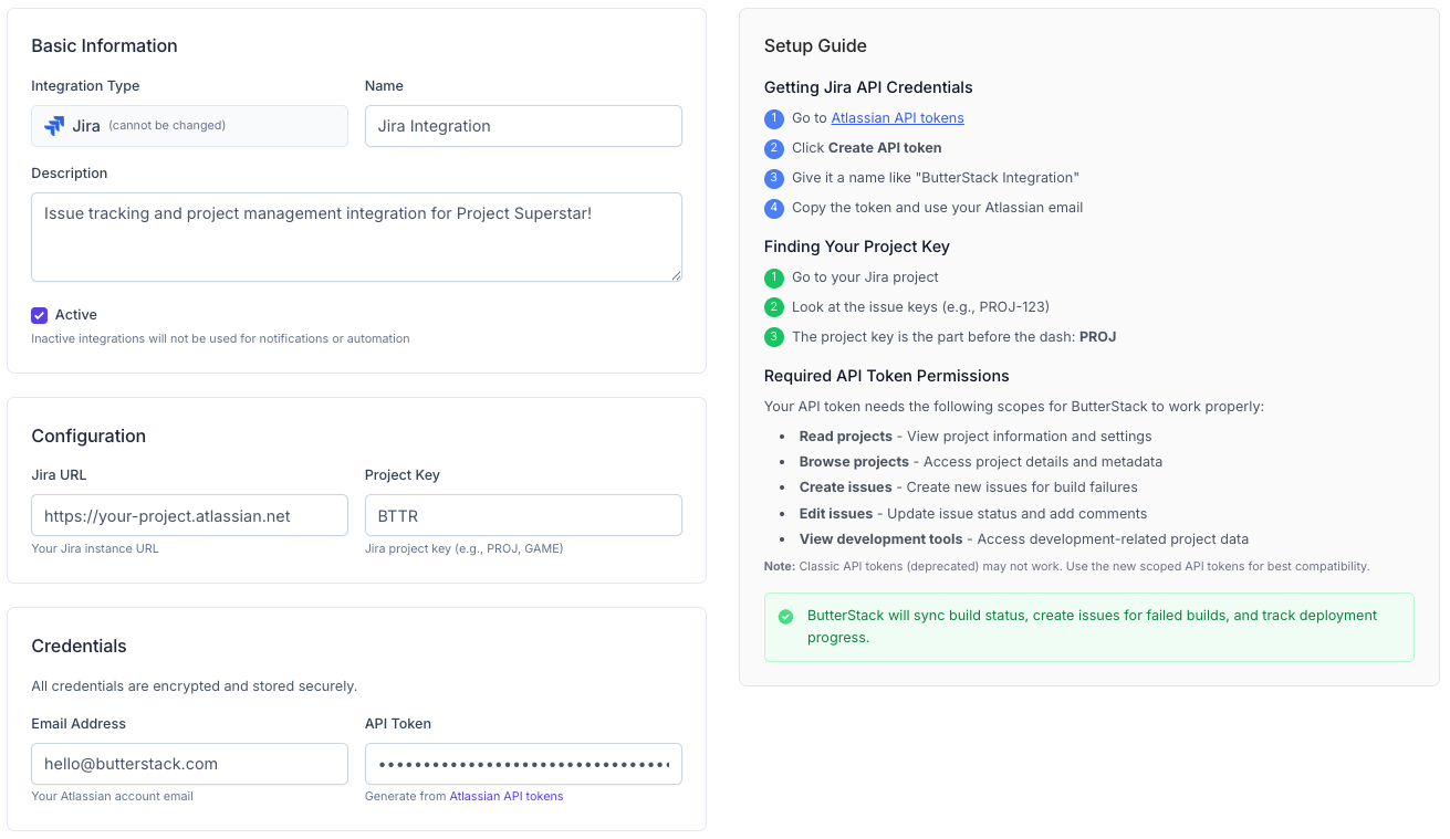 ButterStack Jira integration configuration