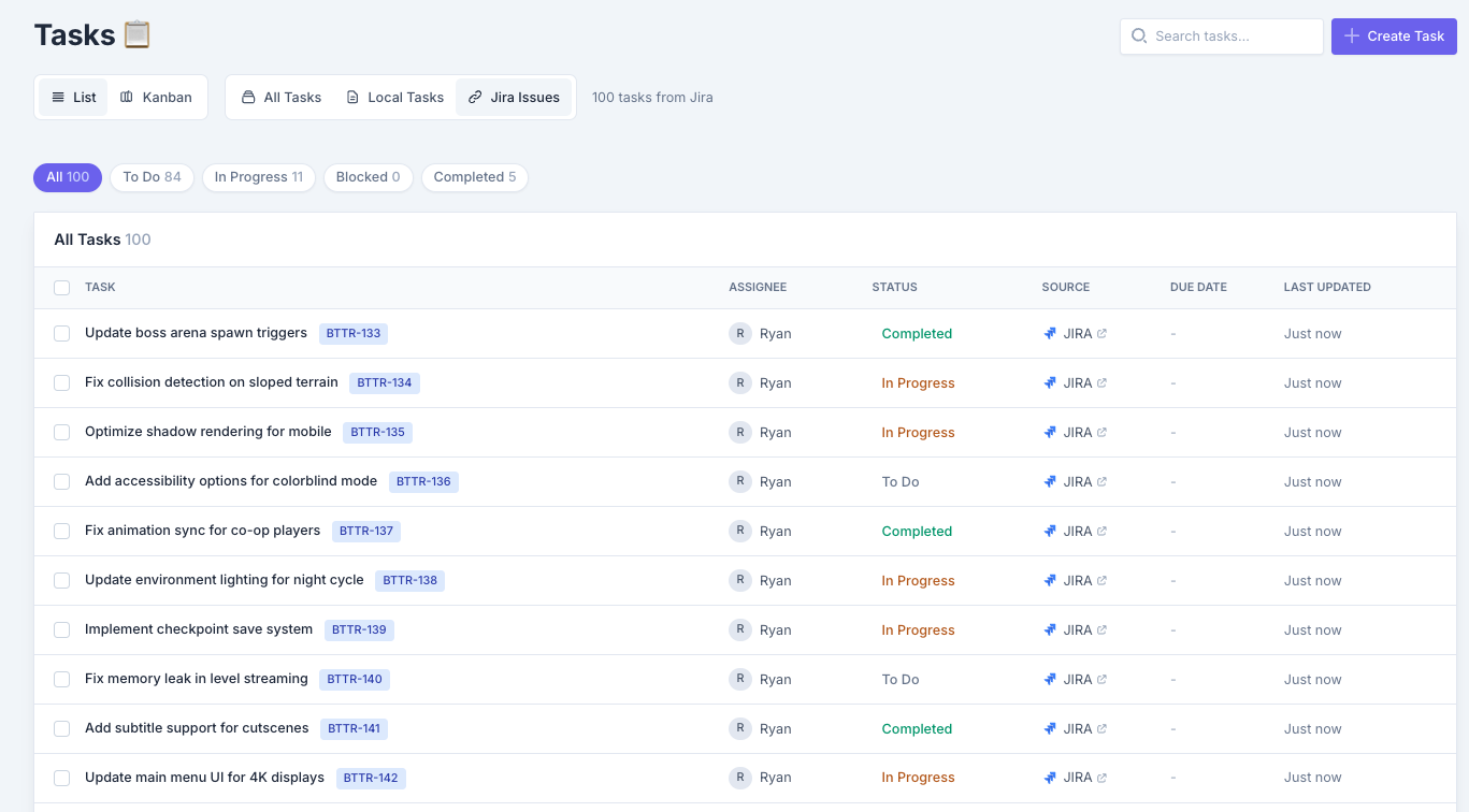 Jira tasks for a game dev project